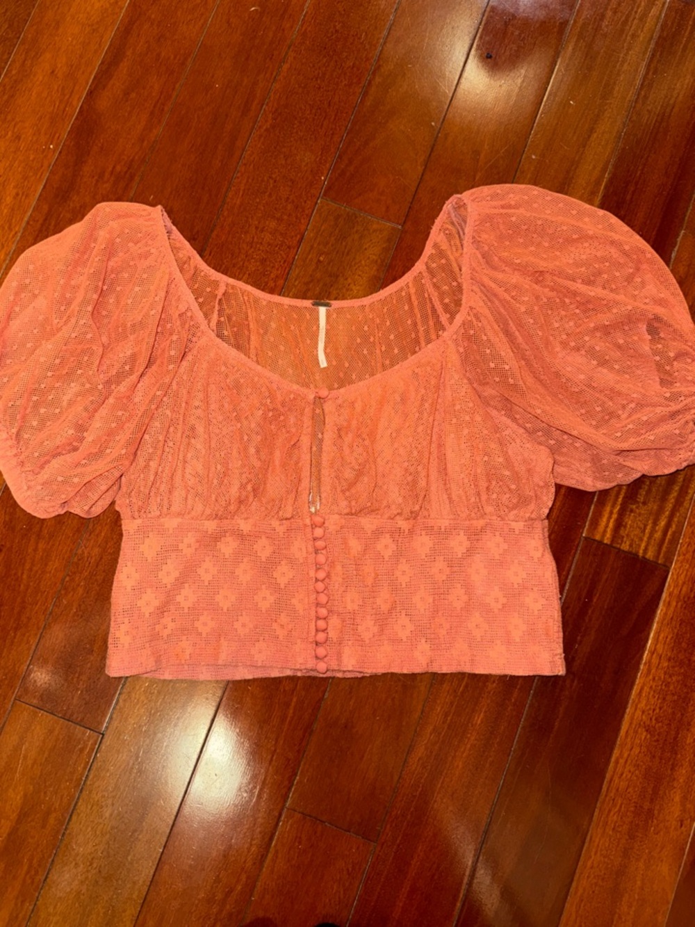 Free People Puff Sleeve Crochet Crop Top - Coral